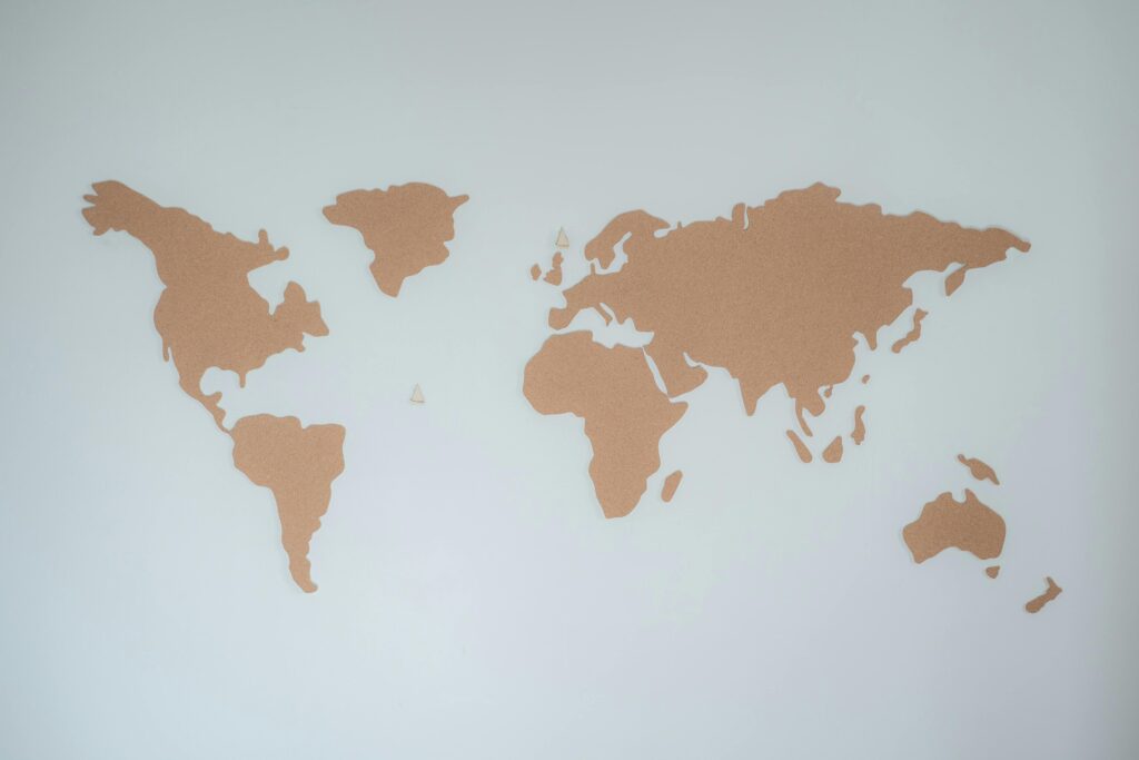 A minimalist cork board world map displayed on a white wall provides modern decor inspiration.